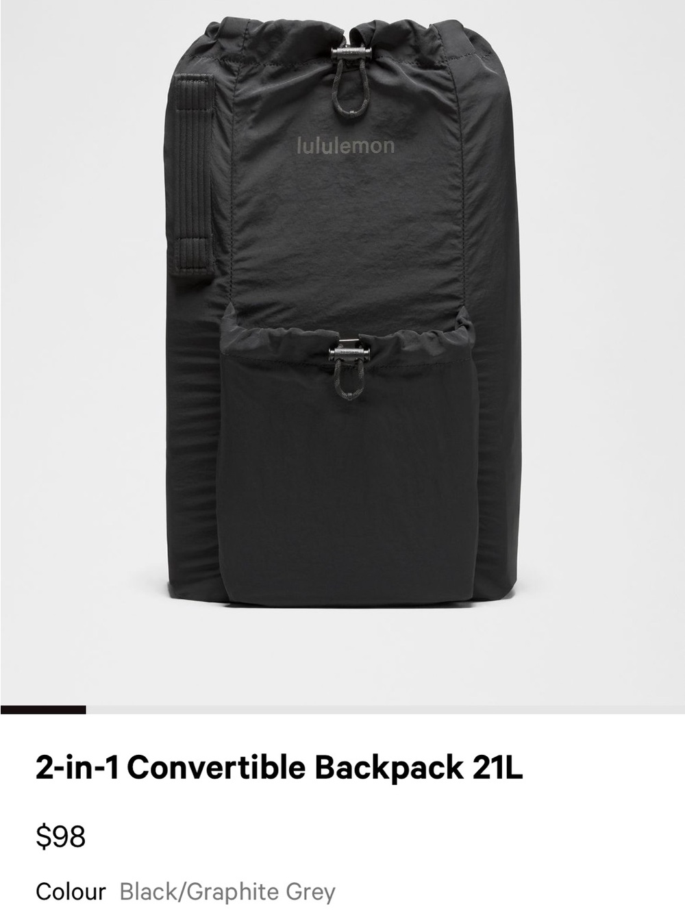 lululemon athletica Black 2-in-1 Convertible Backpack